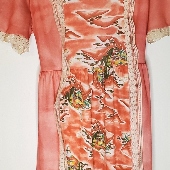 Salmon Vintage Long Dress with Hawaii Print, Lace Trim and Tie Waist - Picture 6 of 15